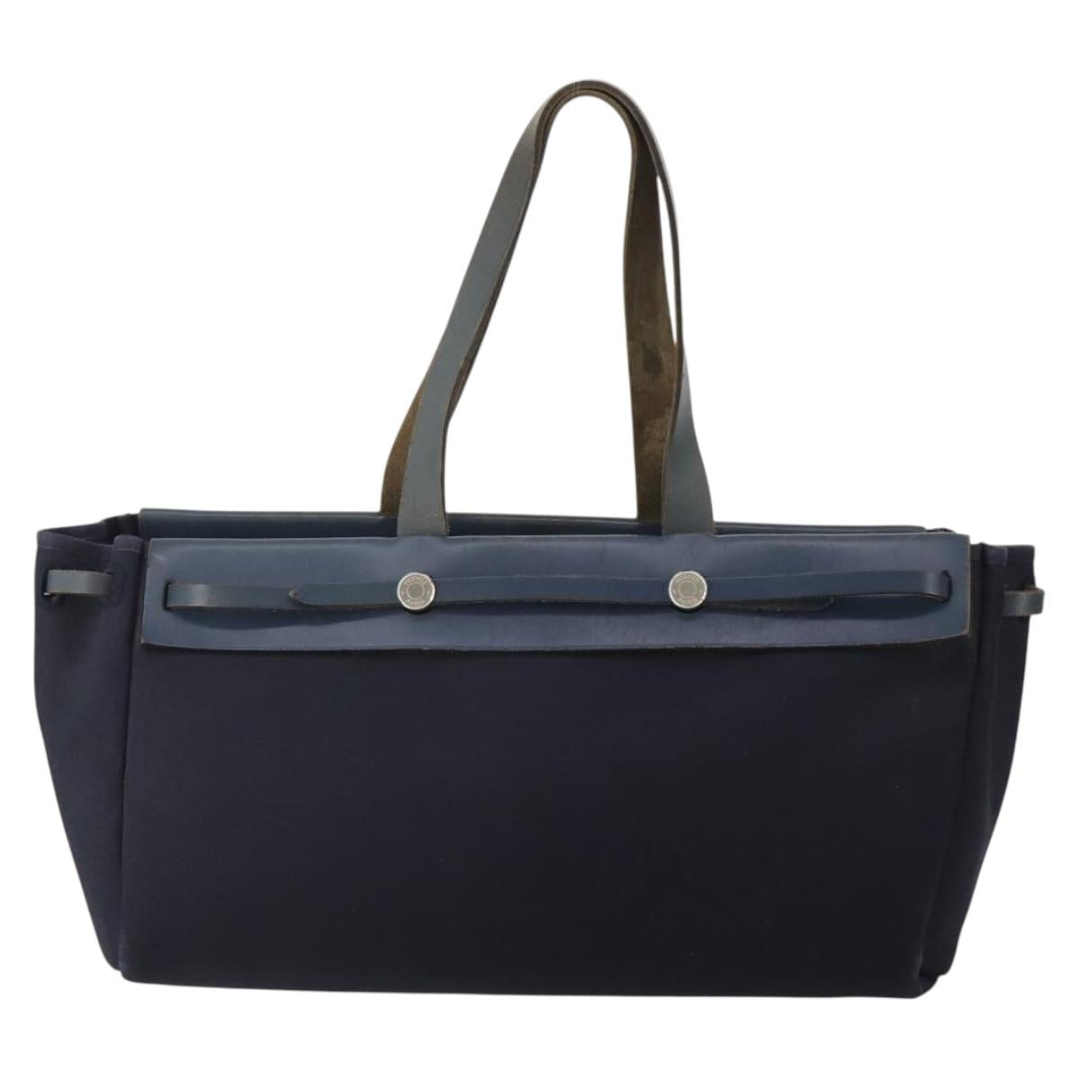 HERMES Herbag Cabas GM Tote Bag Canvas Navy Silver Auth 192310