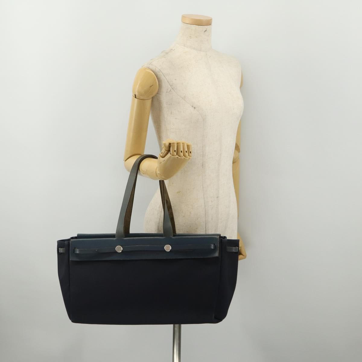 HERMES Herbag Cabas GM Tote Bag Canvas Navy Silver Auth 192310