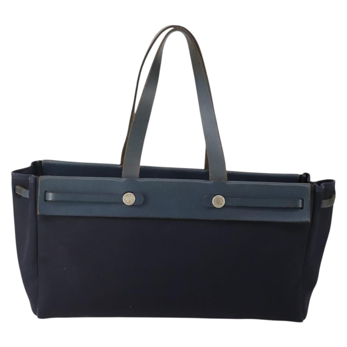 HERMES Herbag Cabas GM Tote Bag Canvas Navy Silver Auth 192310