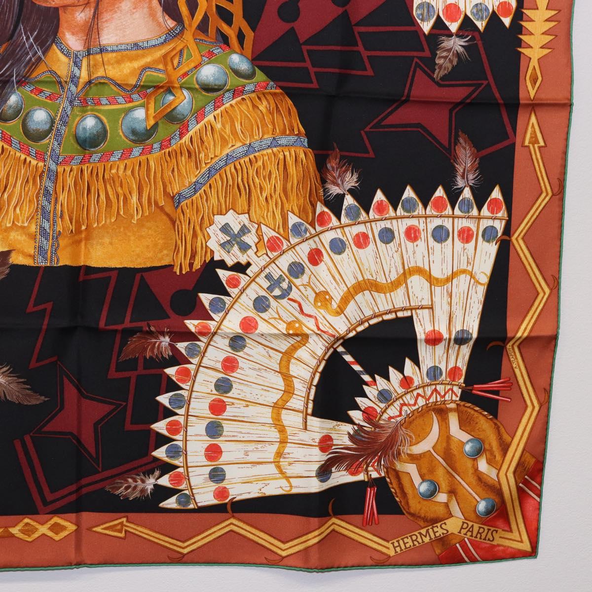 HERMES Carre90 Scarf Silk ""Cosmogonie Apache"" Brown Black Auth 192369M