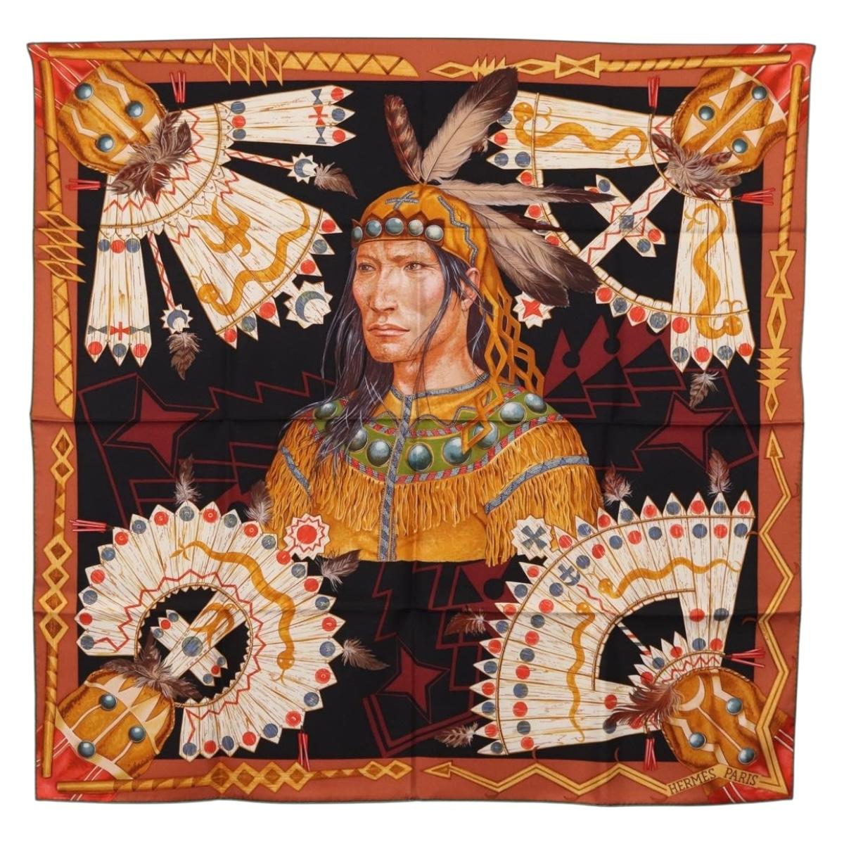 HERMES Carre90 Scarf Silk ""Cosmogonie Apache"" Brown Black Auth 192369M