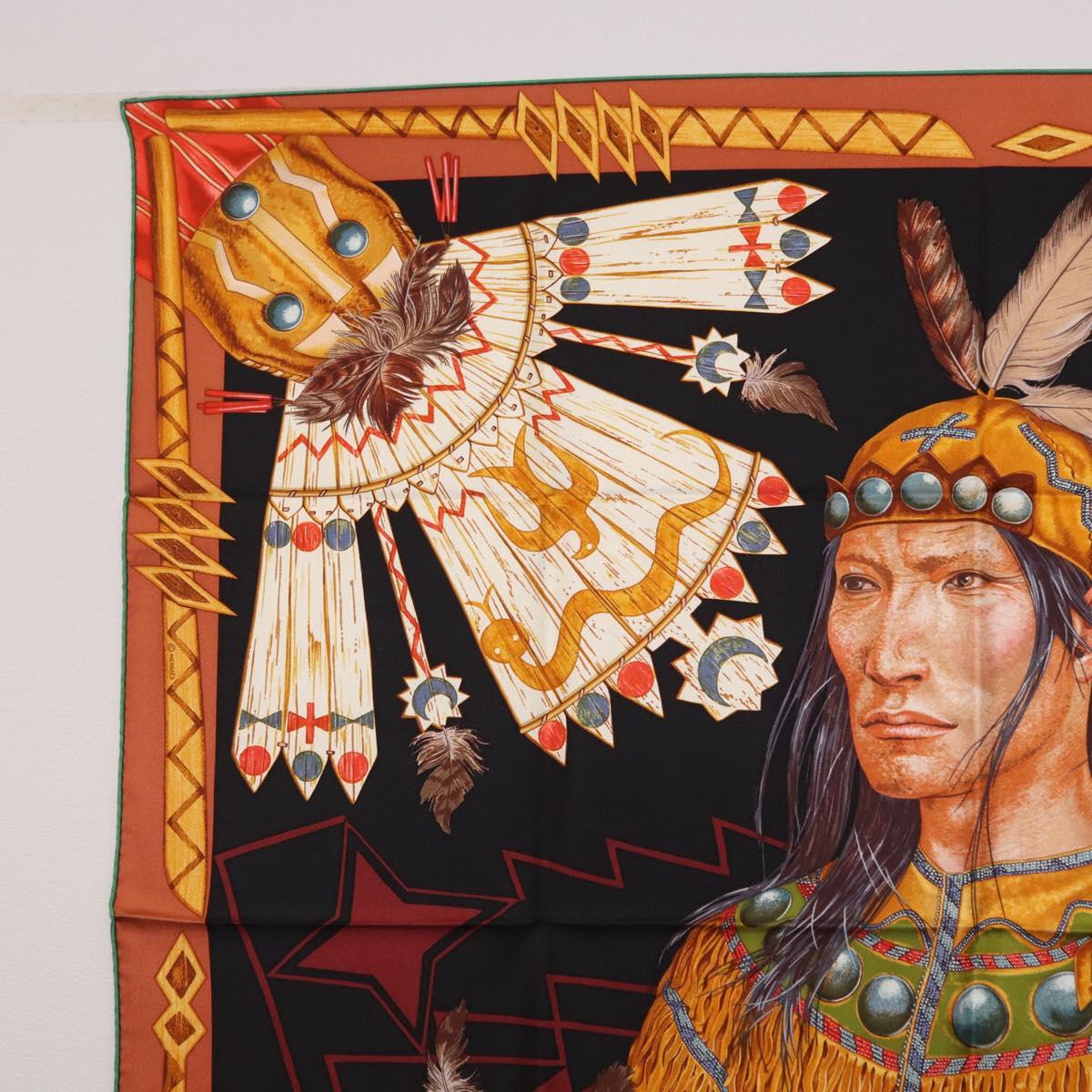 HERMES Carre90 Scarf Silk ""Cosmogonie Apache"" Brown Black Auth 192369M