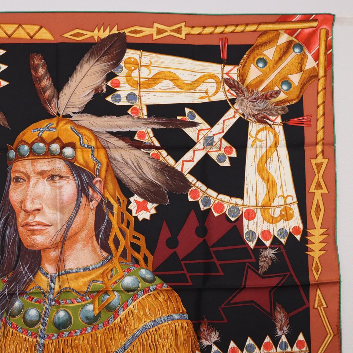 HERMES Carre90 Scarf Silk ""Cosmogonie Apache"" Brown Black Auth 192369M