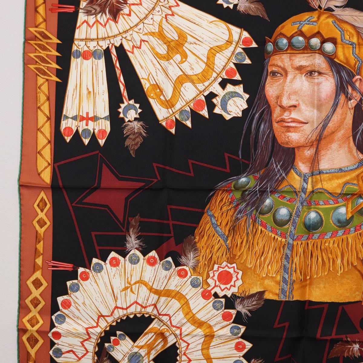 HERMES Carre90 Scarf Silk ""Cosmogonie Apache"" Brown Black Auth 192369M