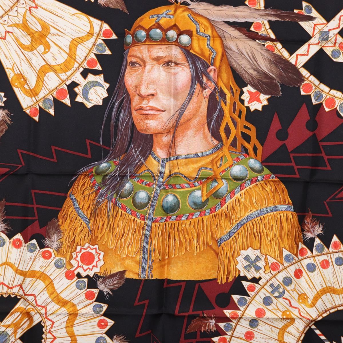 HERMES Carre90 Scarf Silk ""Cosmogonie Apache"" Brown Black Auth 192369M