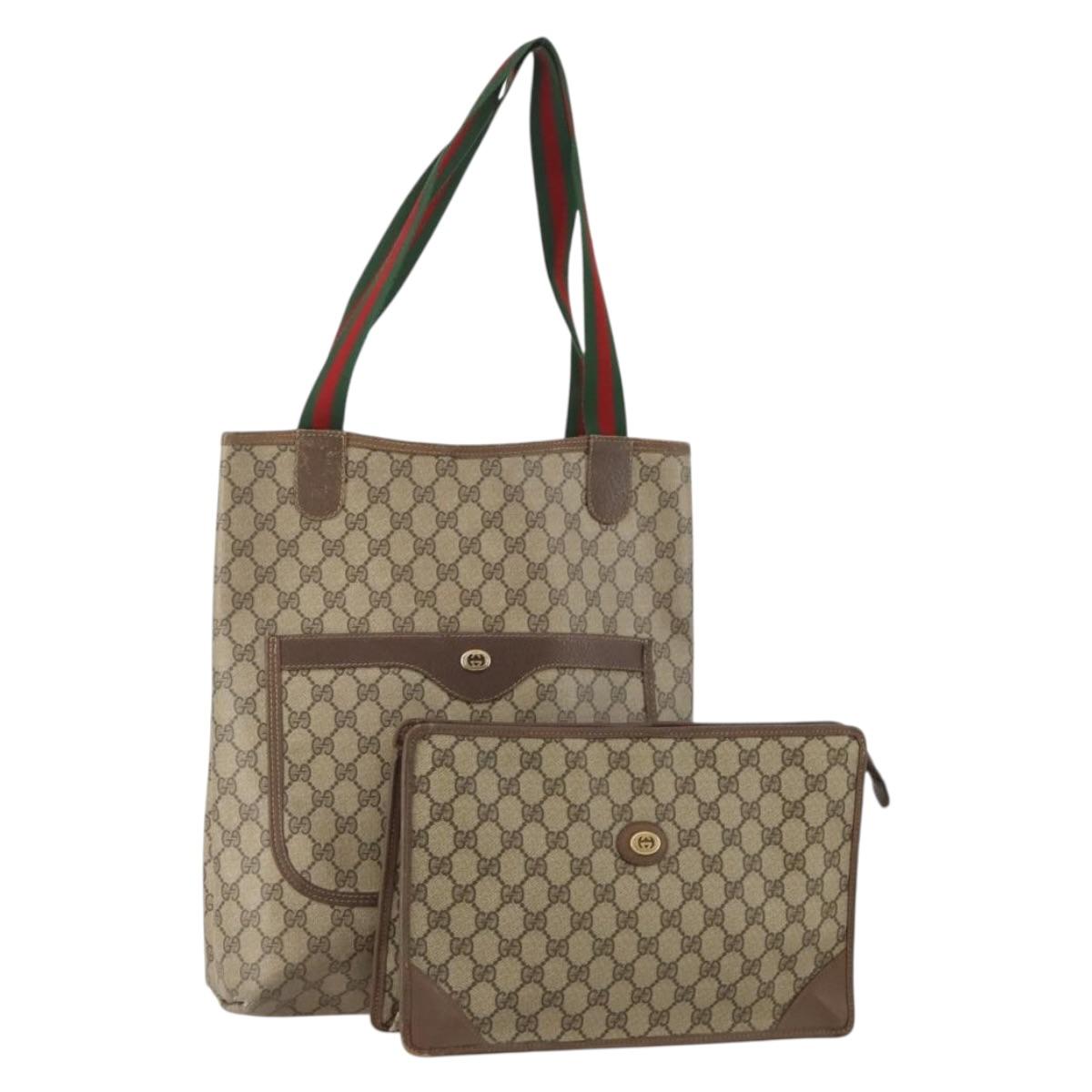 GUCCI GG Supreme Clutch Bag Tote Bag PVC Leather 2 Set Beige Gold Auth 192415