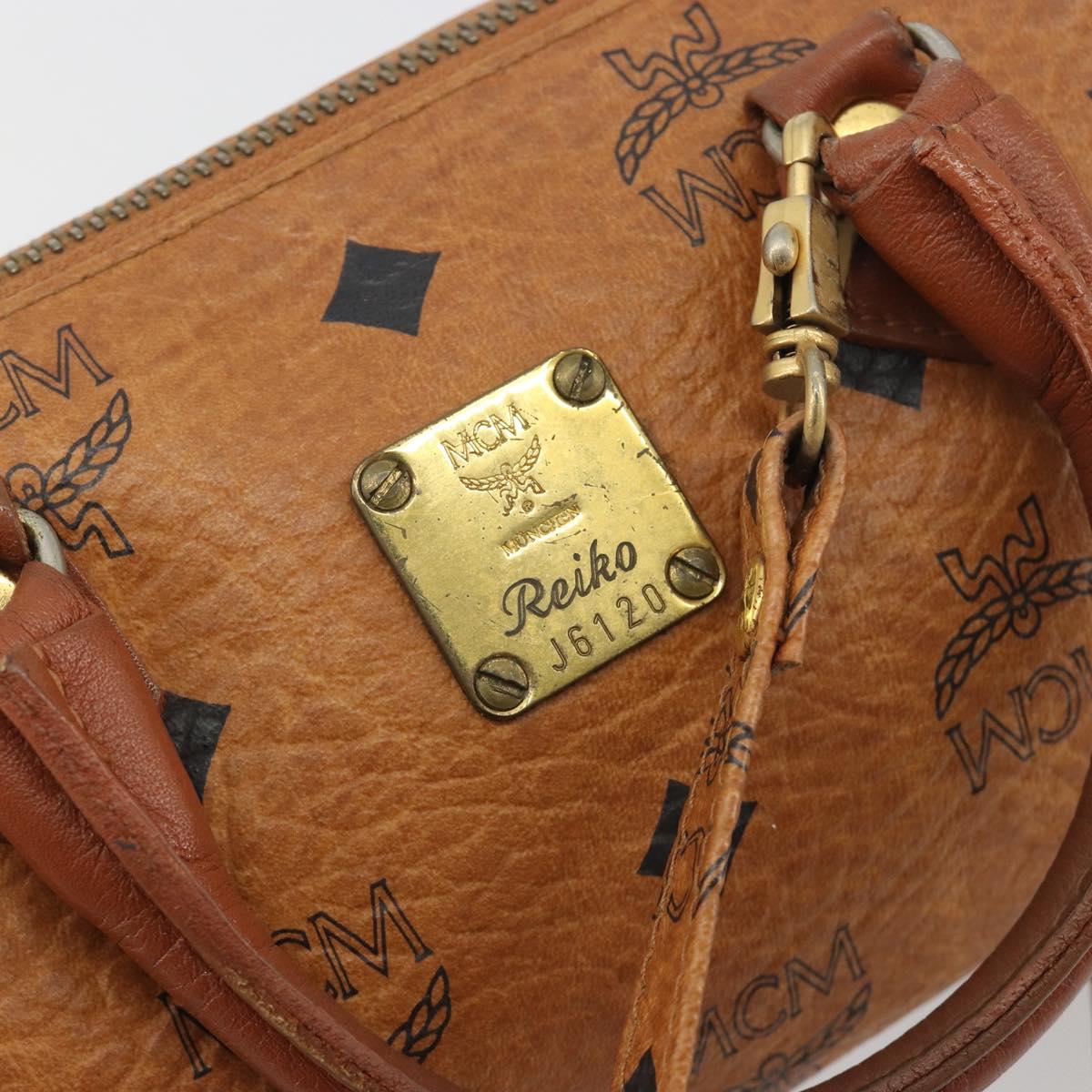 MCM Logogram Vicetos Mini Boston Bag PVC Leather 2way Brown Gold Auth 192428A