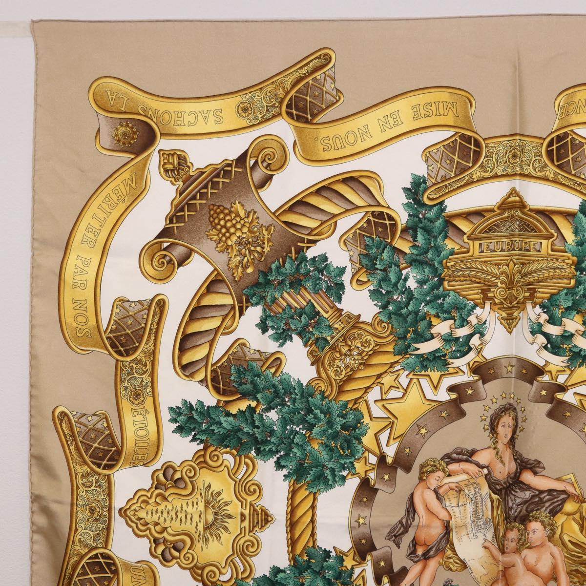 HERMES Carre 90 Scarf ”DANS LES ESPRITS” Silk Beige Auth 192450