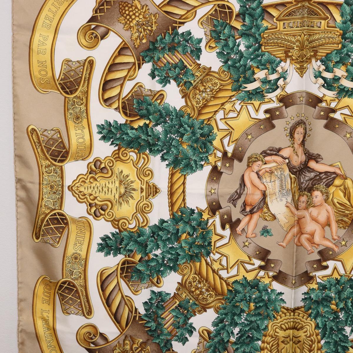 HERMES Carre 90 Scarf ”DANS LES ESPRITS” Silk Beige Auth 192450