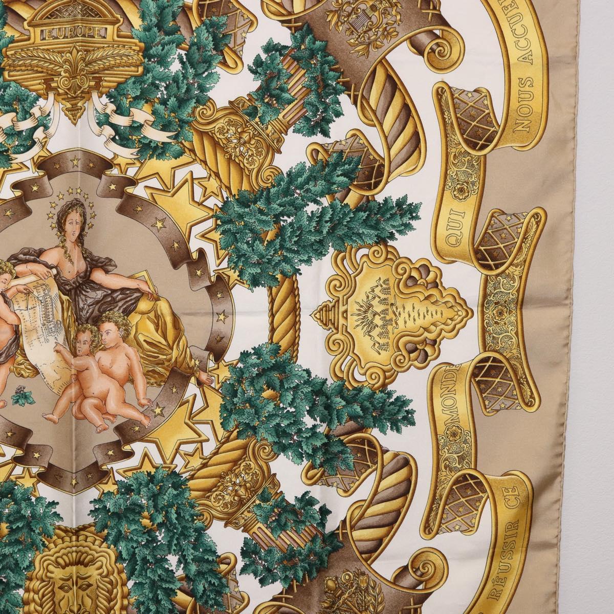 HERMES Carre 90 Scarf ”DANS LES ESPRITS” Silk Beige Auth 192450