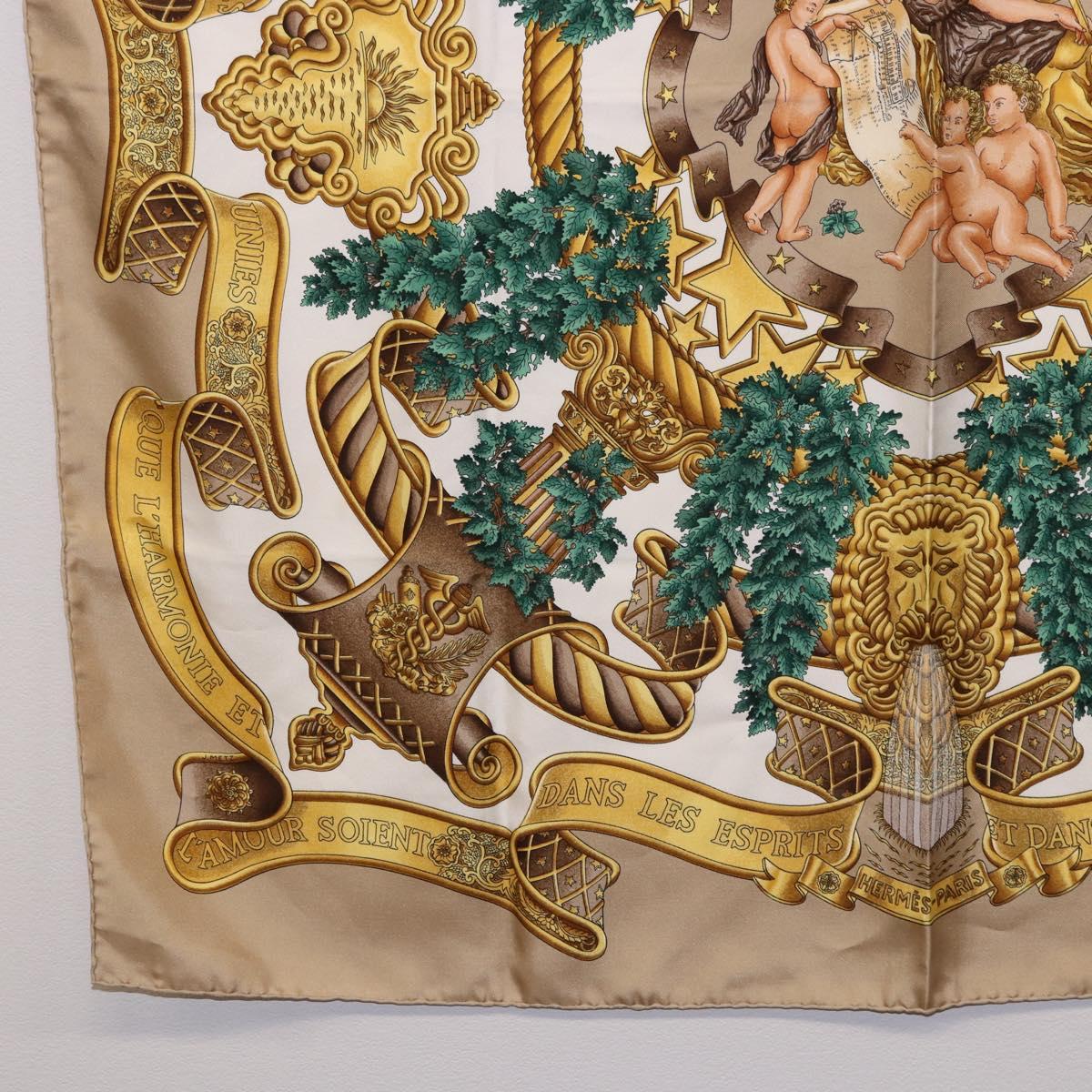 HERMES Carre 90 Scarf ”DANS LES ESPRITS” Silk Beige Auth 192450