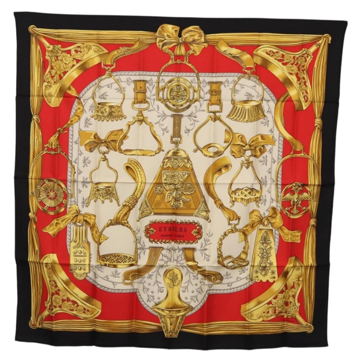 HERMES Carre 90 Scarf ”ETRIERS” Silk Black Auth 192451M