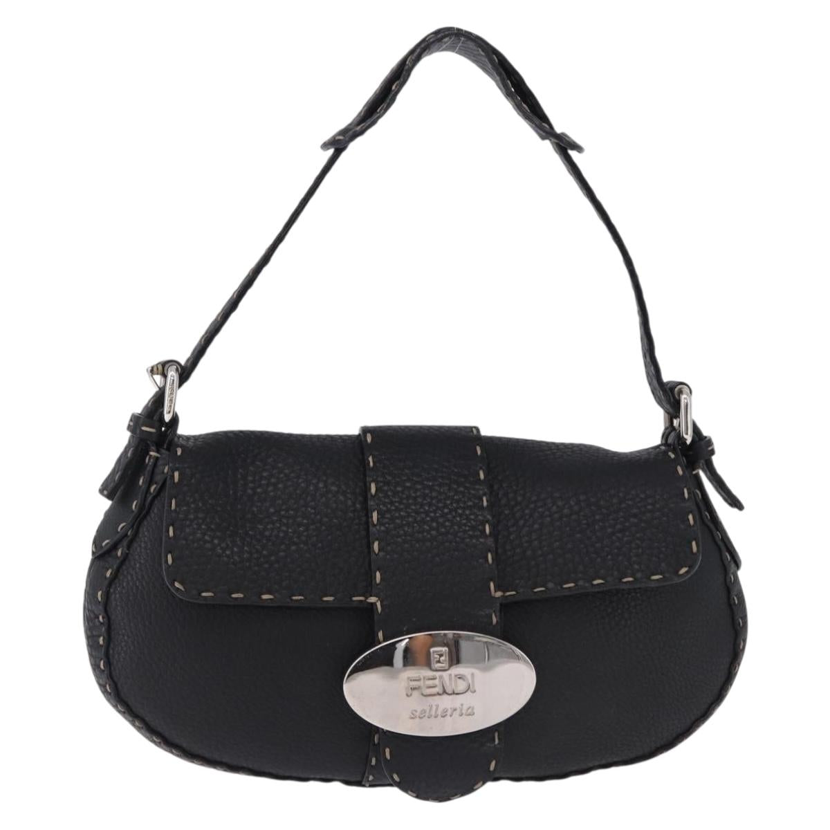 FENDI Shoulder Bag Leather Black Silver Auth 192479A