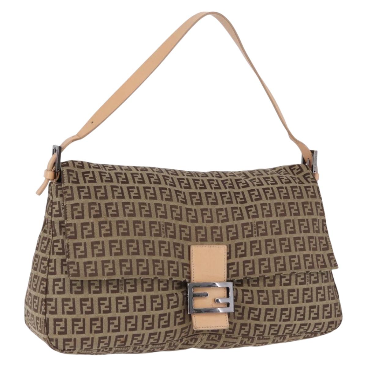 FENDI Zucchino Canvas Mamma Baguette Shoulder Bag Beige Silver Auth 192483