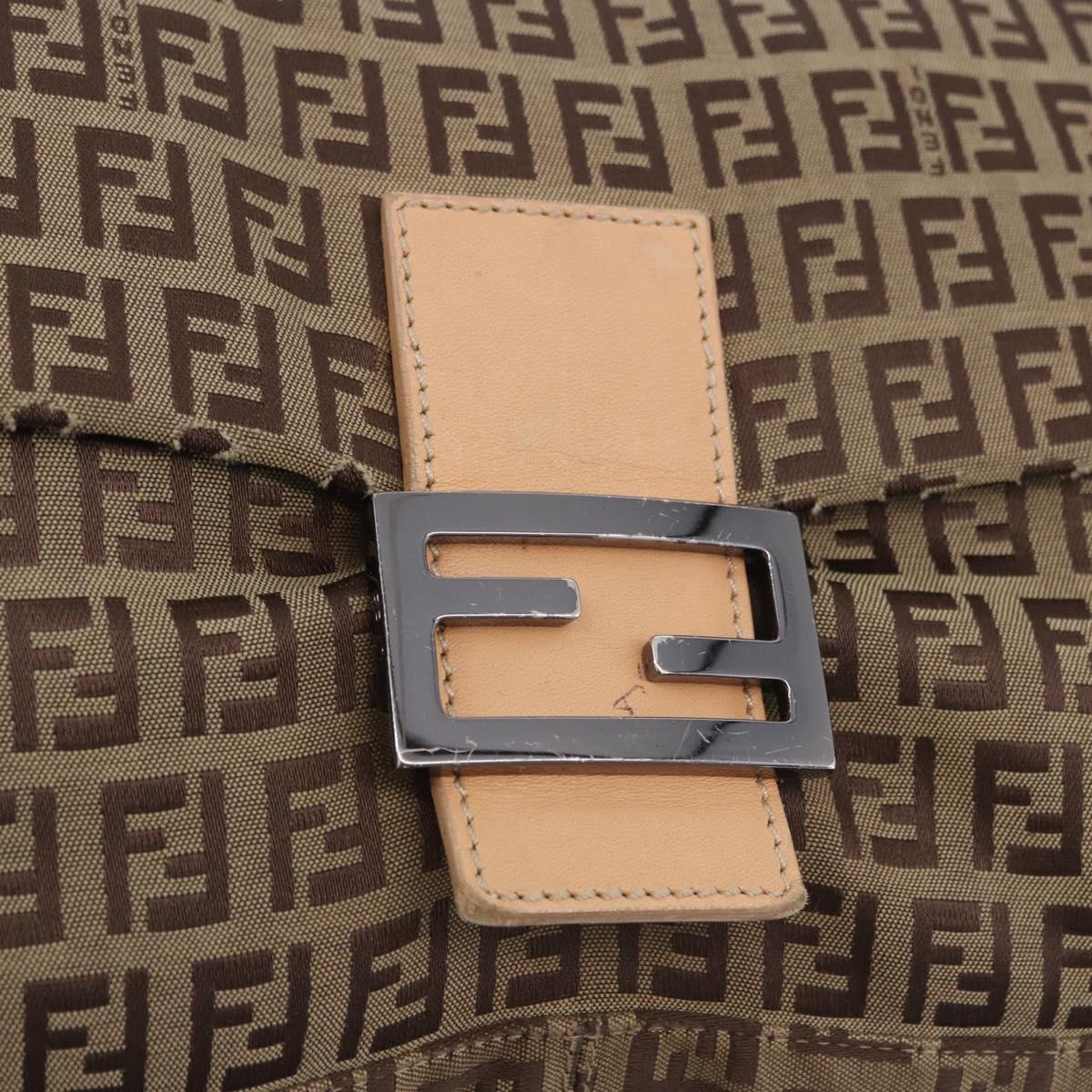 FENDI Zucchino Canvas Mamma Baguette Shoulder Bag Beige Silver Auth 192483