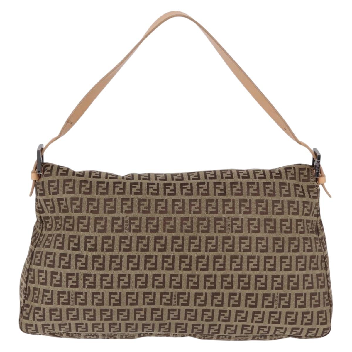 FENDI Zucchino Canvas Mamma Baguette Shoulder Bag Beige Silver Auth 192483