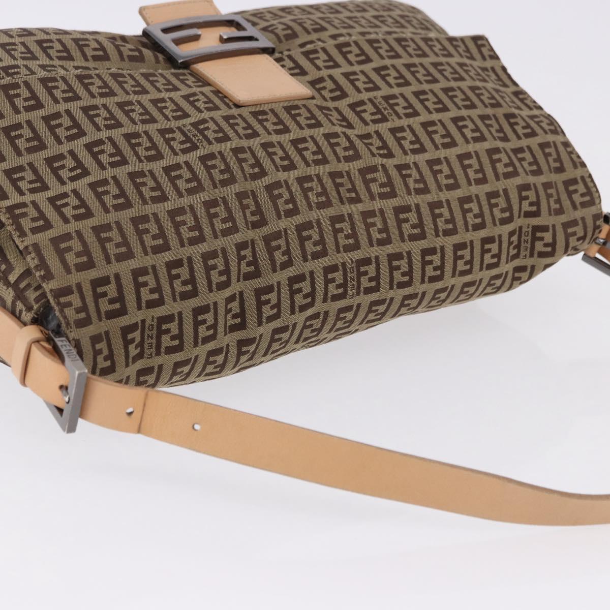 FENDI Zucchino Canvas Mamma Baguette Shoulder Bag Beige Silver Auth 192483