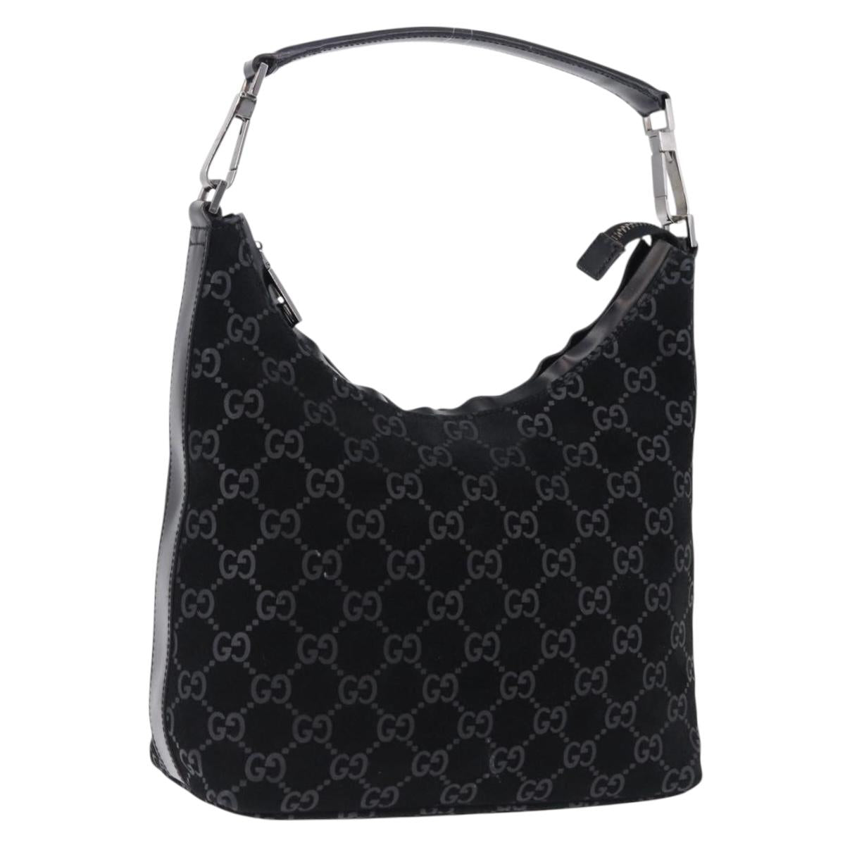 GUCCI GG Canvas Shoulder Bag Suede Black Silver 000 0602 Auth 192489A