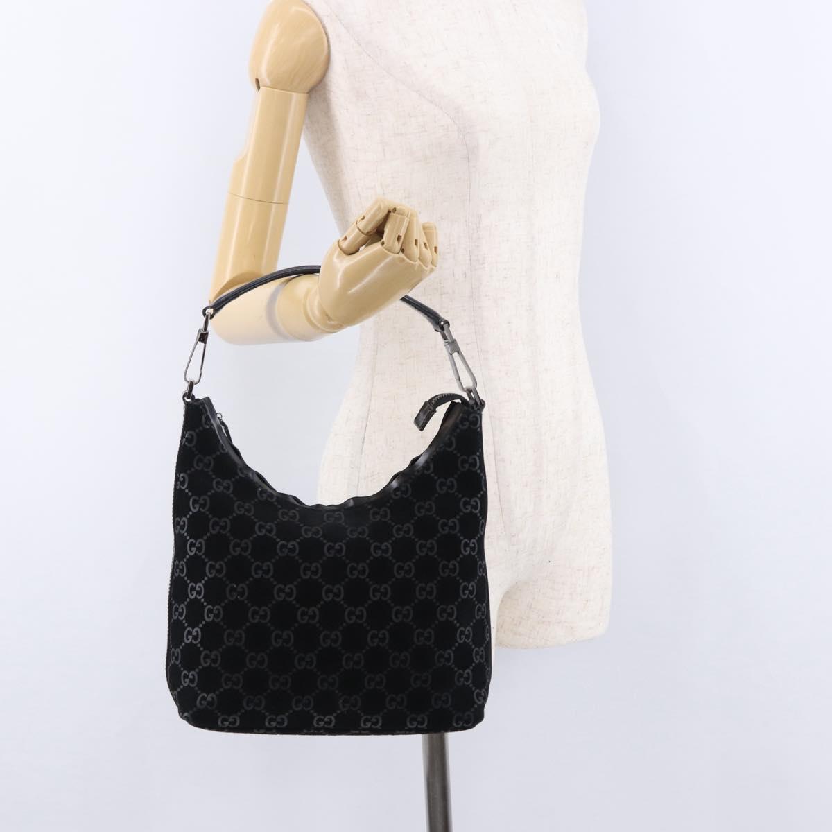 GUCCI GG Canvas Shoulder Bag Suede Black Silver 000 0602 Auth 192489A