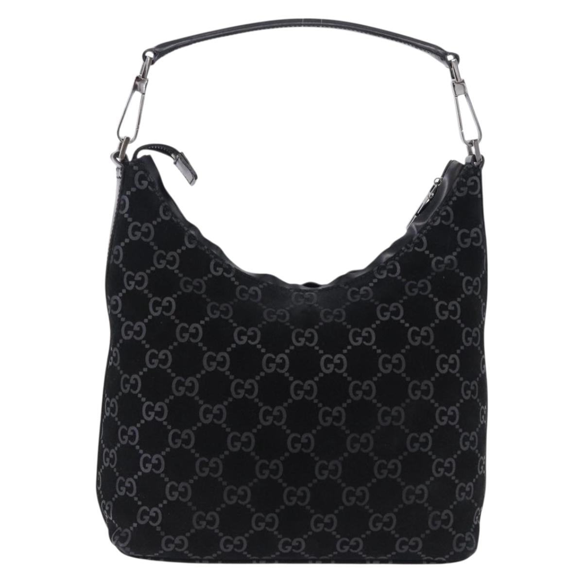 GUCCI GG Canvas Shoulder Bag Suede Black Silver 000 0602 Auth 192489A
