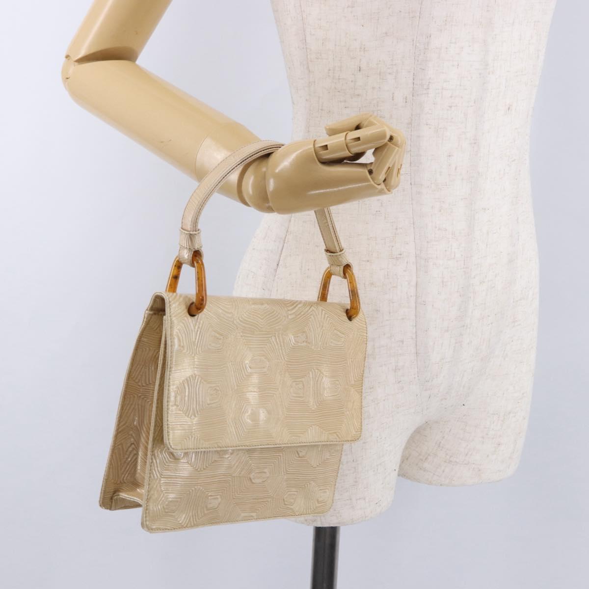 PRADA Hand Bag Tartaruga Embossed Leather Ivory Silver Auth 192493A