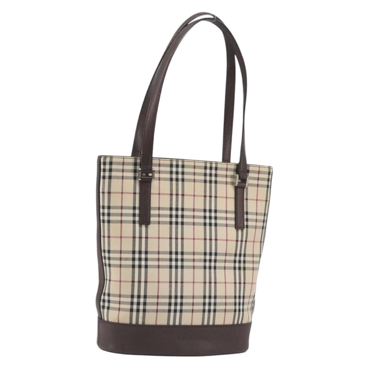 BURBERRY Nova Check Tote Bag Canvas Beige Silver Auth 192501