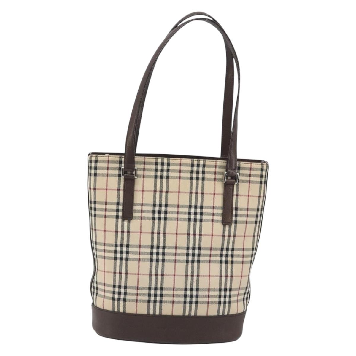 BURBERRY Nova Check Tote Bag Canvas Beige Silver Auth 192501