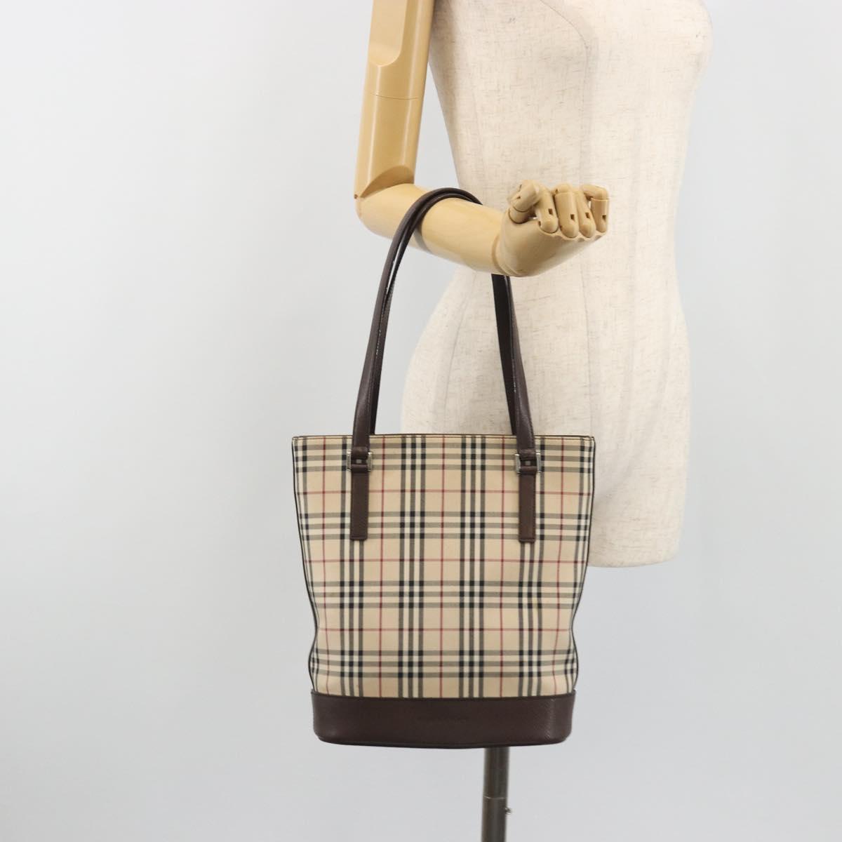 BURBERRY Nova Check Tote Bag Canvas Beige Silver Auth 192501