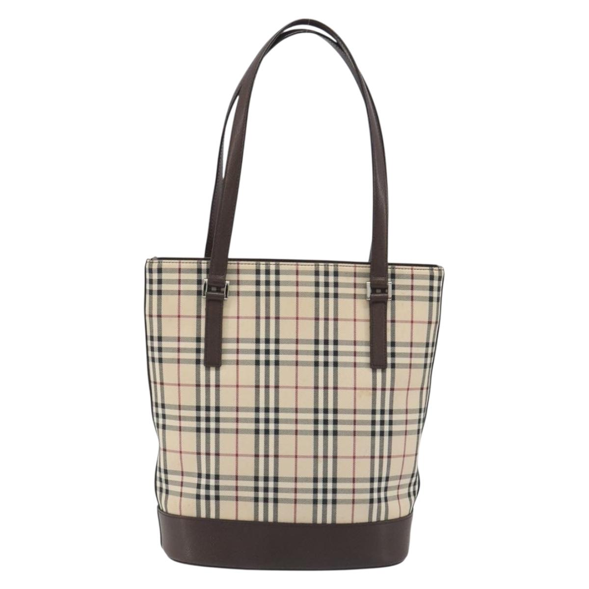 BURBERRY Nova Check Tote Bag Canvas Beige Silver Auth 192501