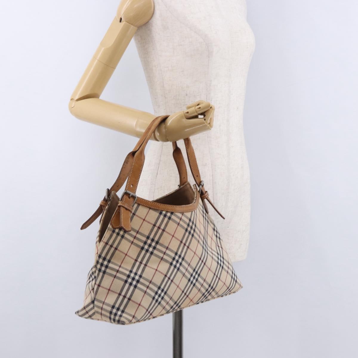 BURBERRY Nova Check Blue Label Tote Bag Canvas Beige Silver Auth 192503