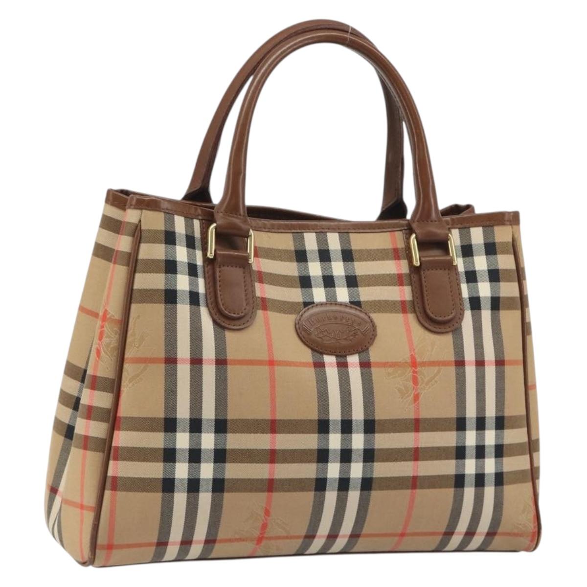 Burberrys Nova Check Hand Bag Canvas Beige Gold Auth 192506