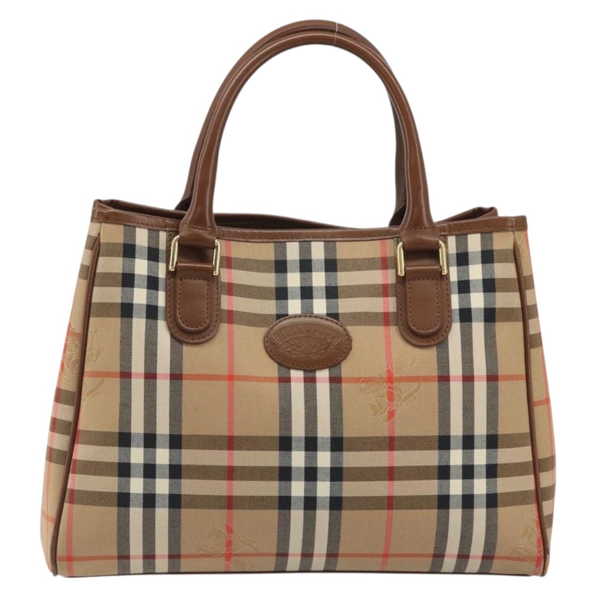 Burberrys Nova Check Hand Bag Canvas Beige Gold Auth 192506