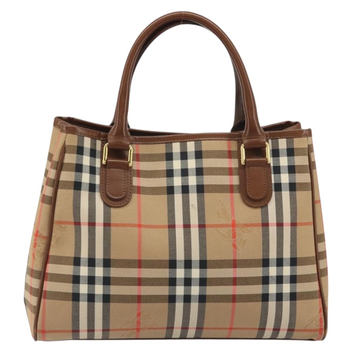 Burberrys Nova Check Hand Bag Canvas Beige Gold Auth 192506