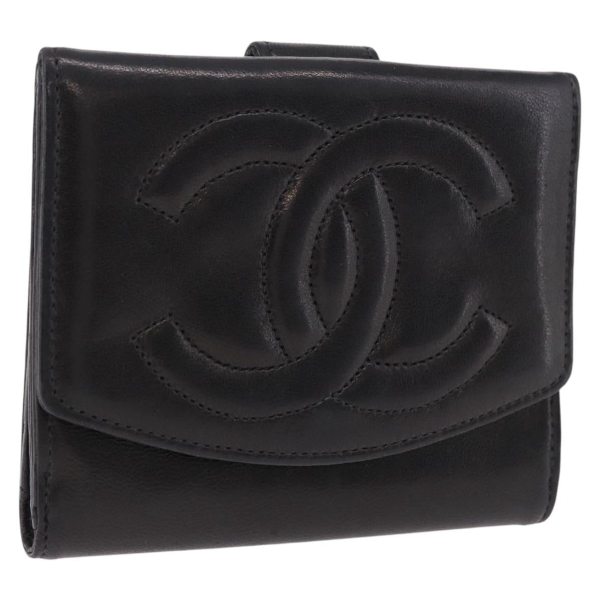 CHANEL Trifold Wallet Lamb Skin Black Gold CC Auth 192521V