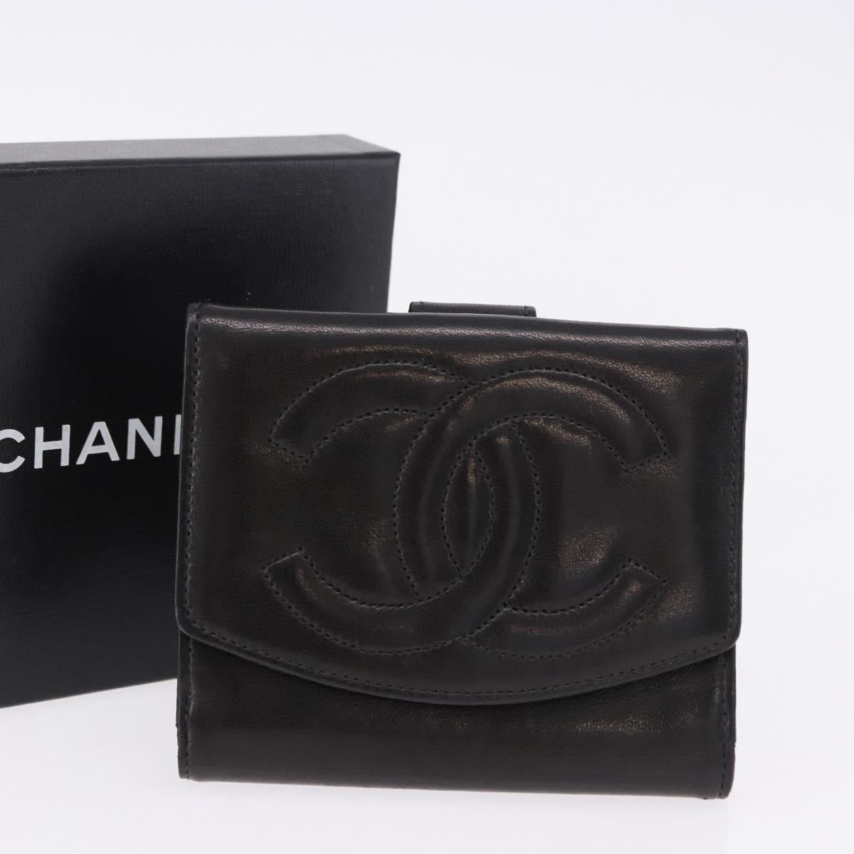 CHANEL Trifold Wallet Lamb Skin Black Gold CC Auth 192521V