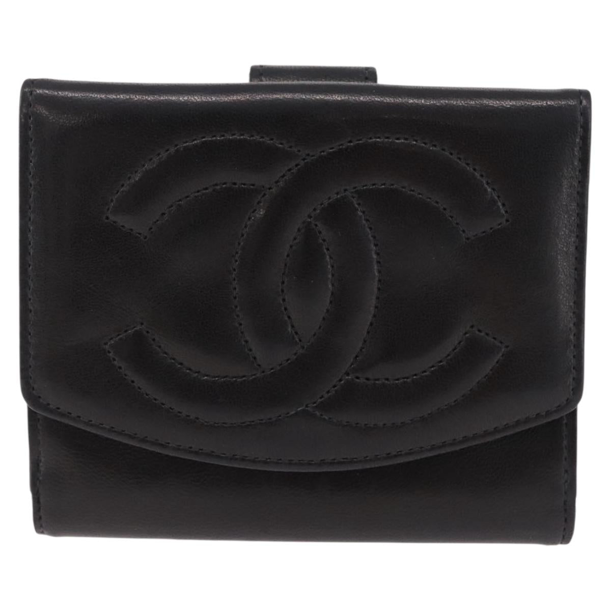 CHANEL Trifold Wallet Lamb Skin Black Gold CC Auth 192521V