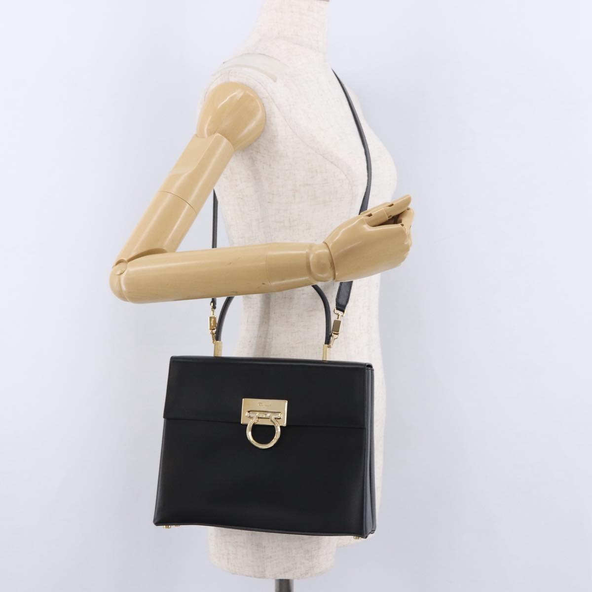 Salvatore Ferragamo Gancini Hand Bag Leather 2way Black Gold Auth 192528A