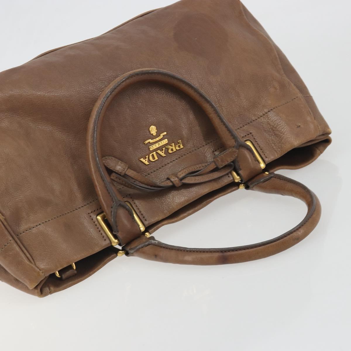 PRADA Hand Bag Leather Brown Gold Auth 192531