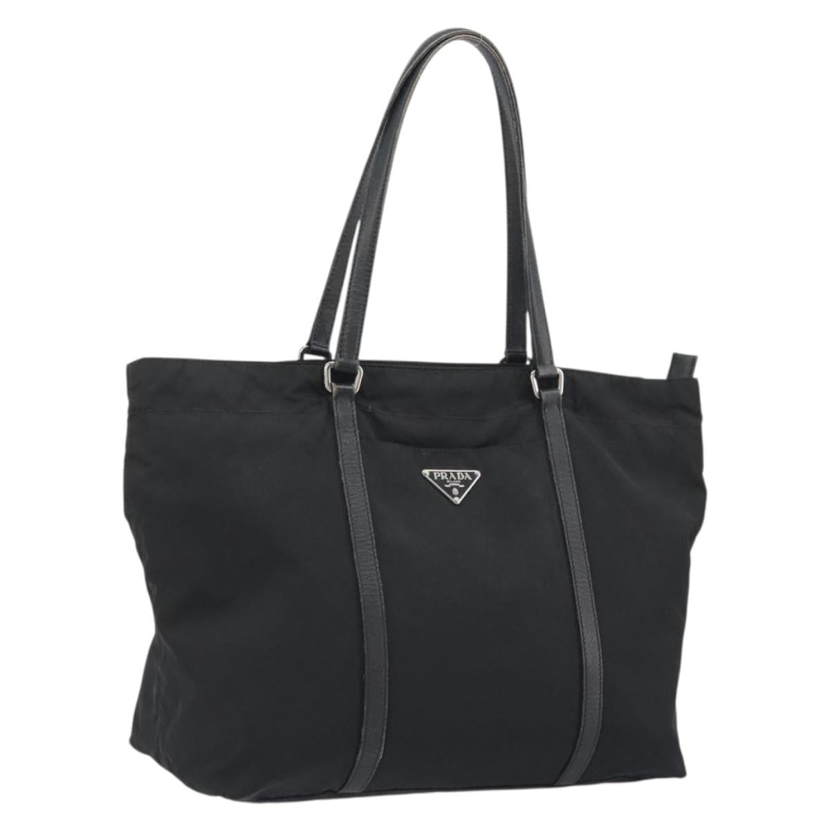 PRADA Tote Bag Nylon Black Silver Auth 192535