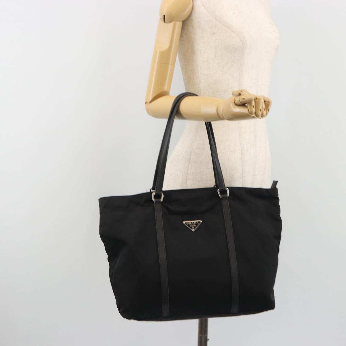 PRADA Tote Bag Nylon Black Silver Auth 192535