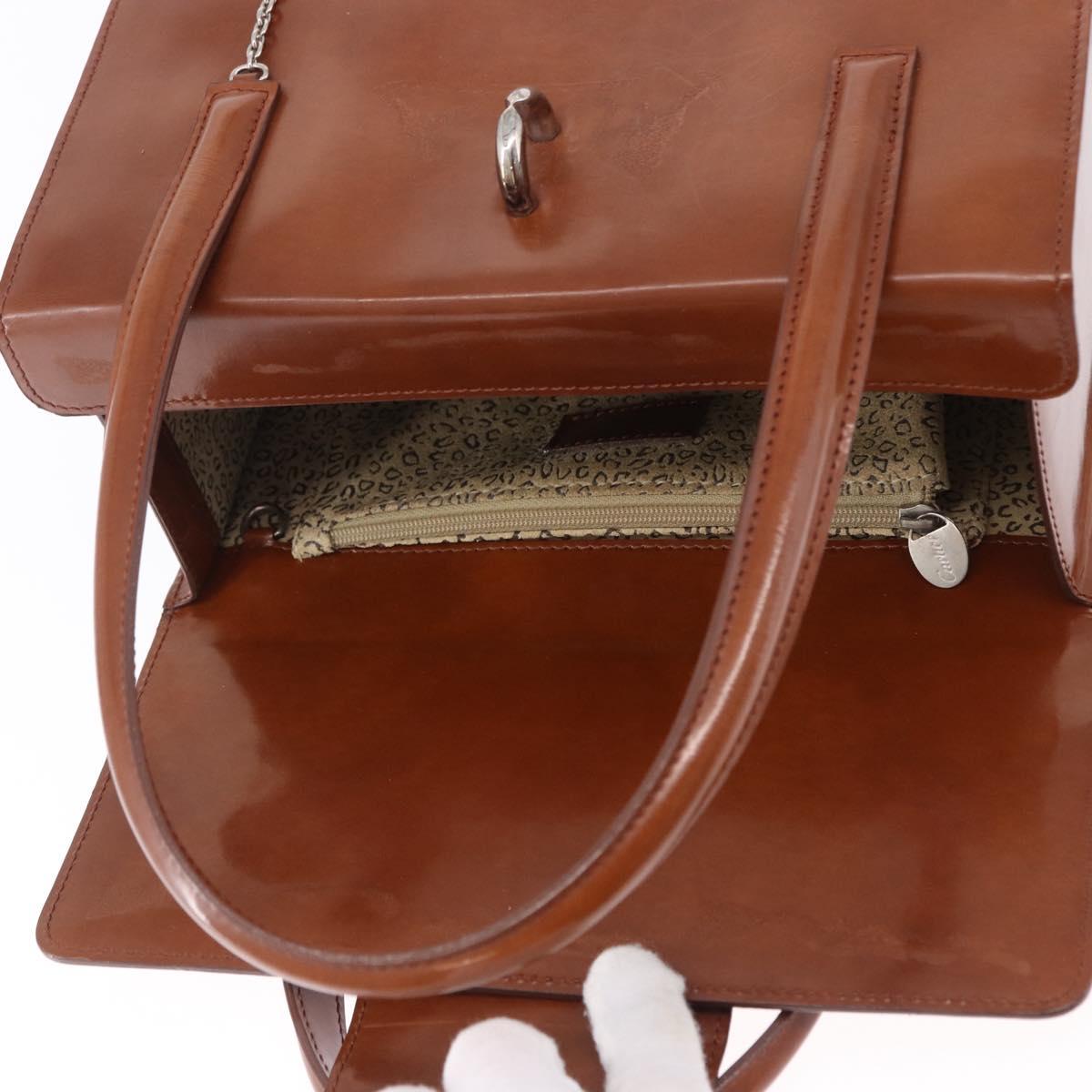 CARTIER PANTHERE Hand Bag Patent Leather Brown Silver Auth 192541