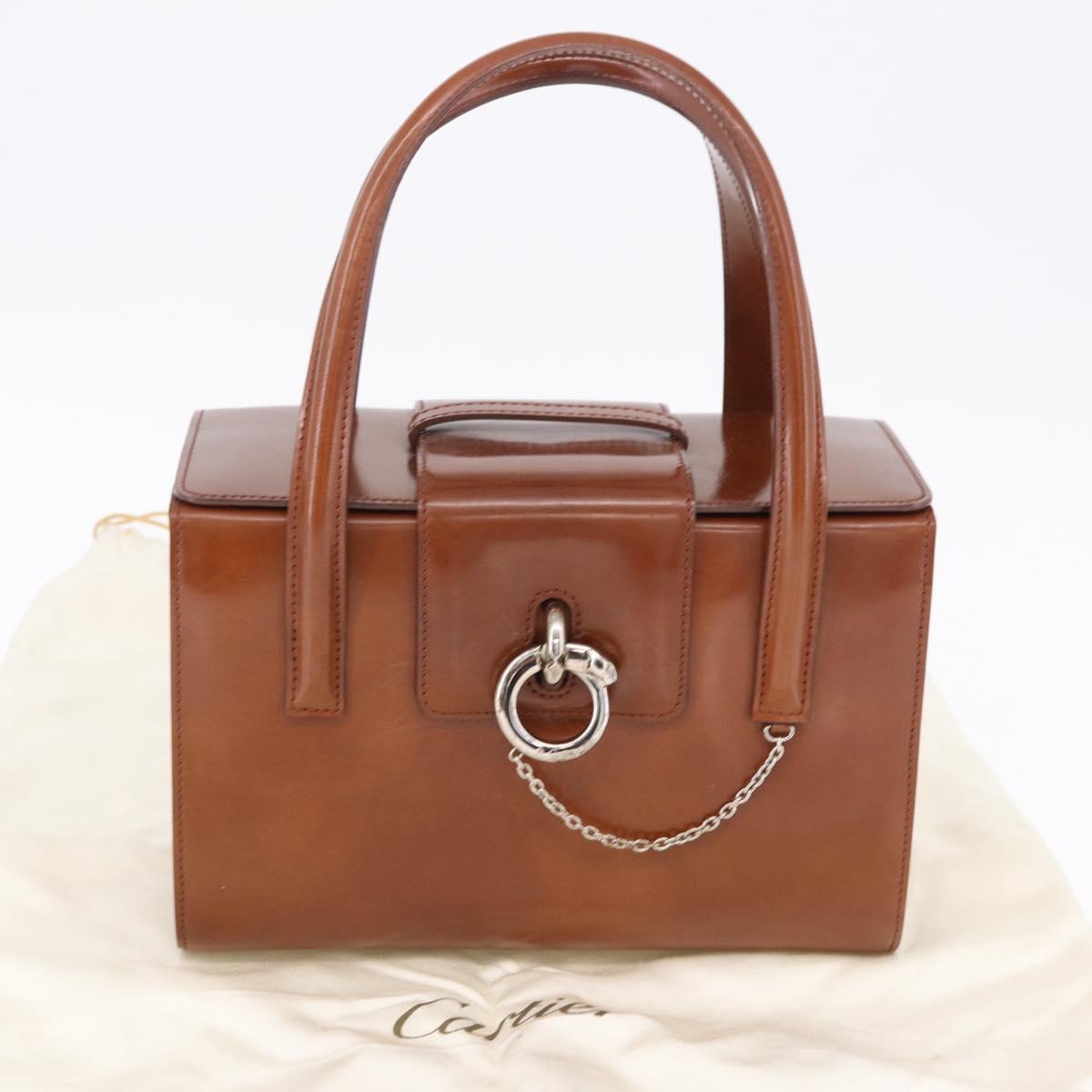 CARTIER PANTHERE Hand Bag Patent Leather Brown Silver Auth 192541