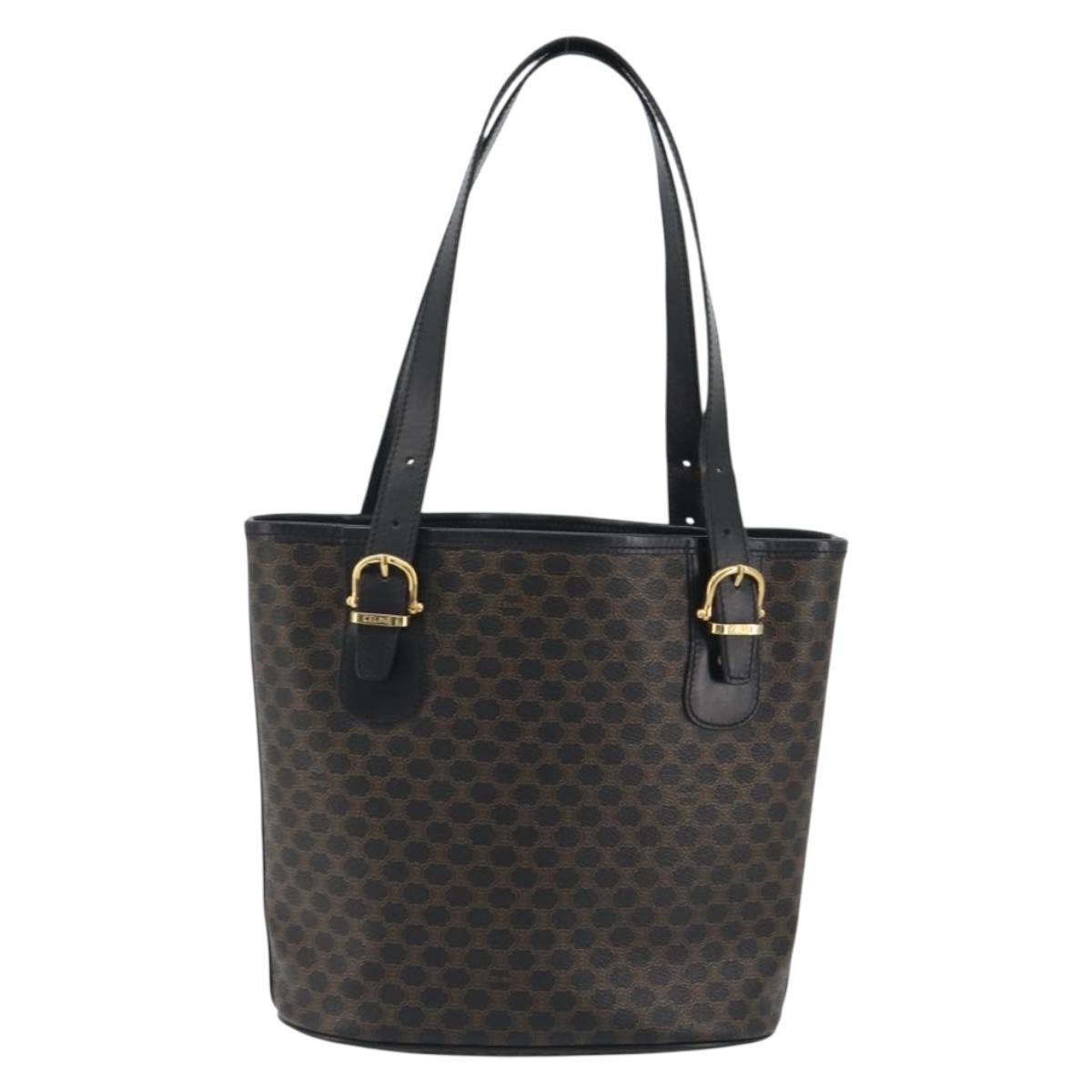 CELINE Macadam Canvas Tote Bag PVC Leather Black Gold Auth 192542A
