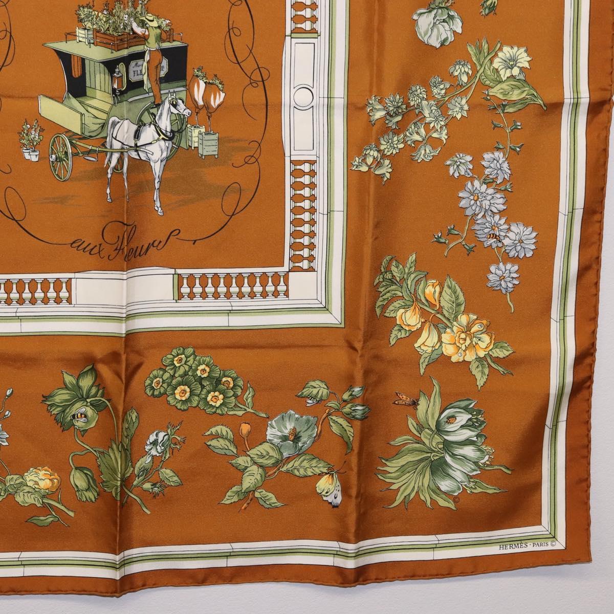 HERMES Carre 90 Scarf hQuai Aux Fleursh Silk Brown Auth 192550