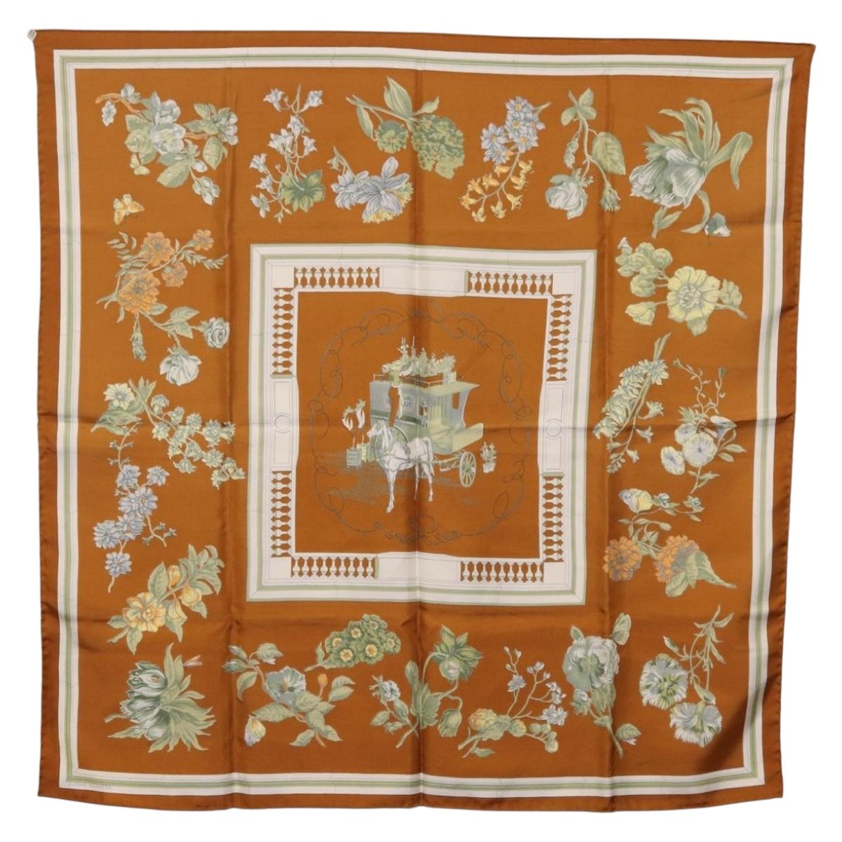 HERMES Carre 90 Scarf hQuai Aux Fleursh Silk Brown Auth 192550