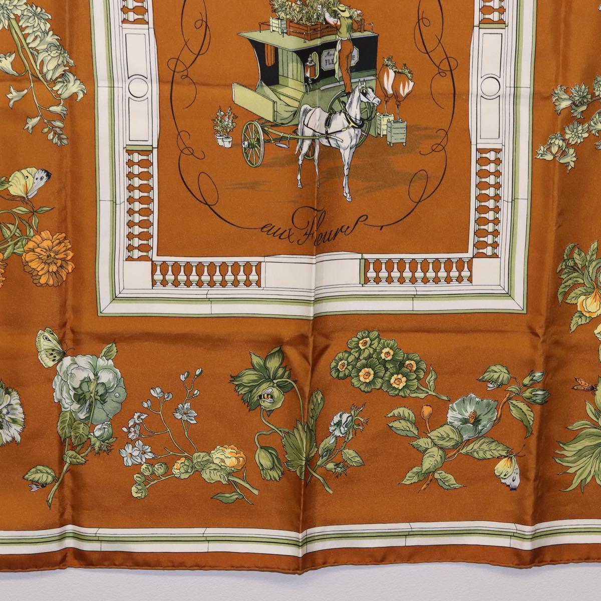 HERMES Carre 90 Scarf hQuai Aux Fleursh Silk Brown Auth 192550