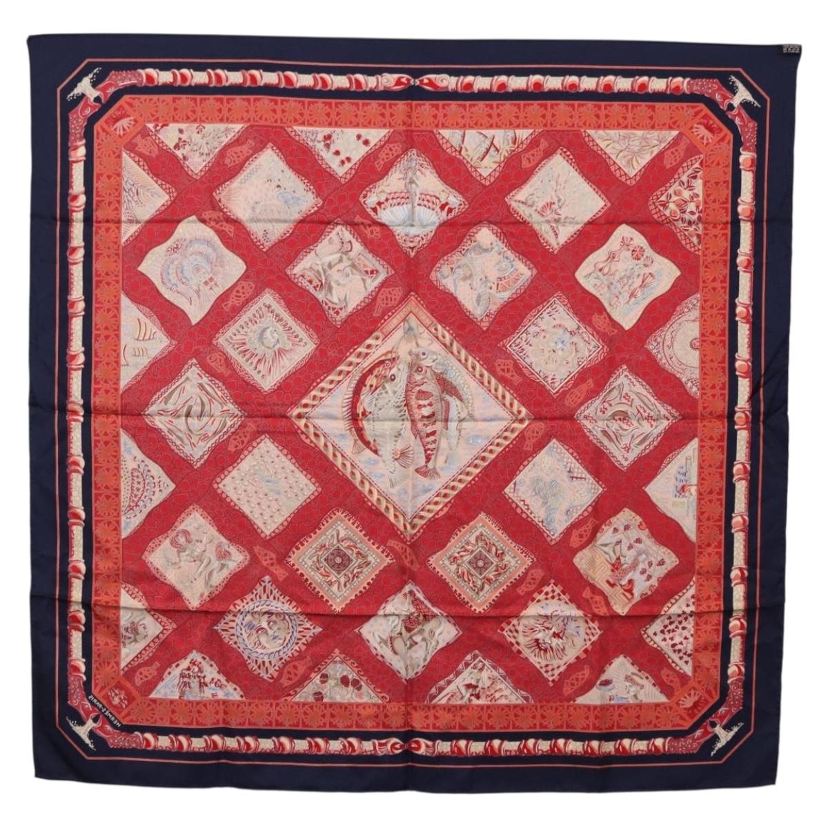 HERMES Carre 90 Scarf ”MARE NOSTRUM” Silk Red Navy Auth 192551