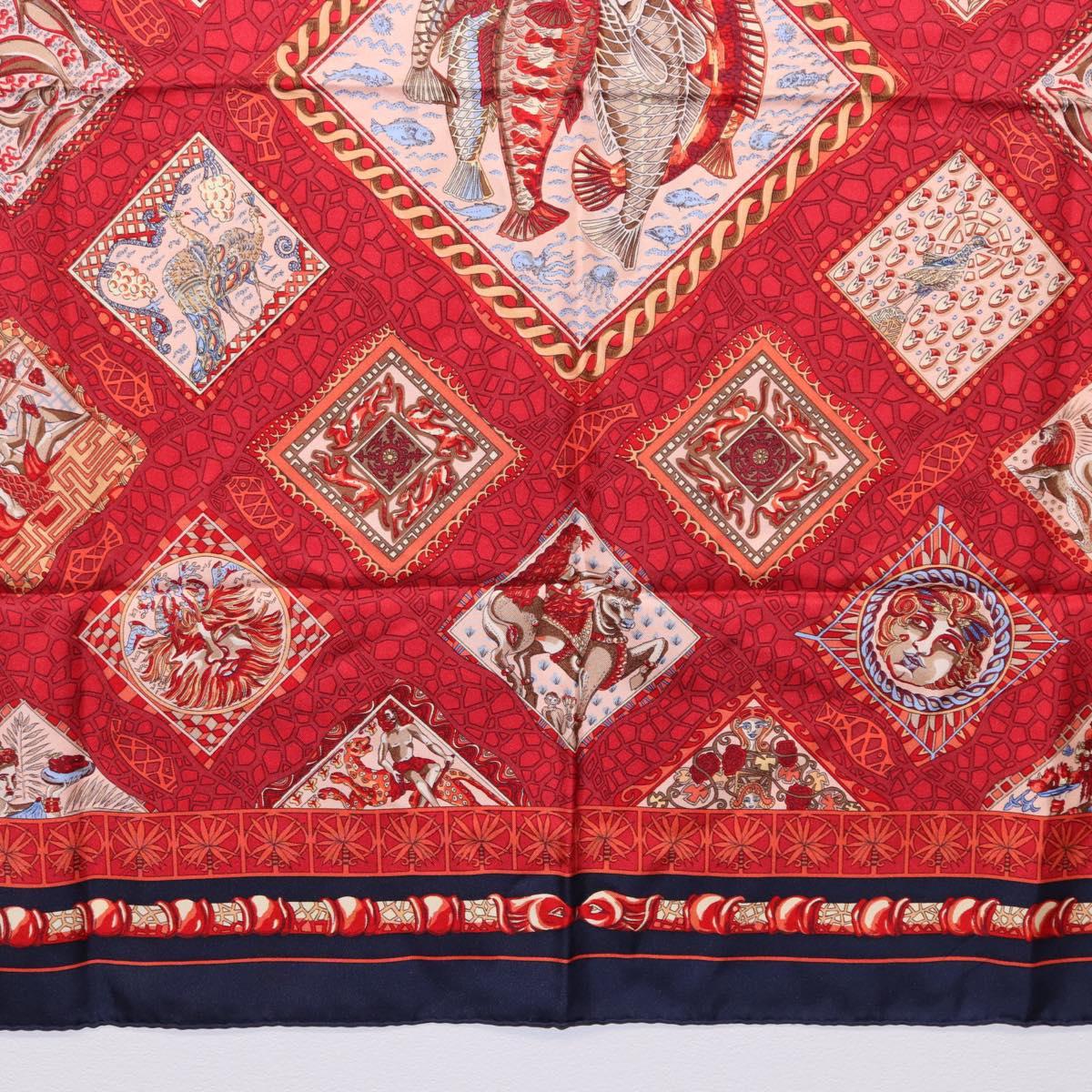 HERMES Carre 90 Scarf ”MARE NOSTRUM” Silk Red Navy Auth 192551