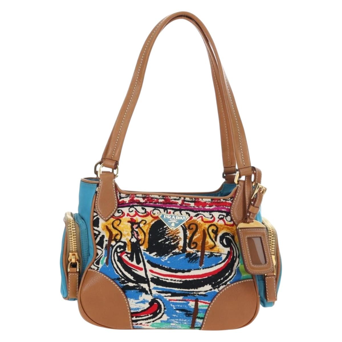 PRADA Venice Pattern Hand Bag Canvas Multicolor Gold Auth 192606SAV