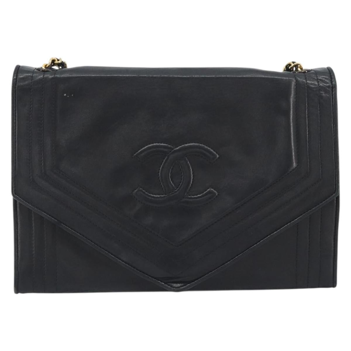 CHANEL V Stitch Chain Shoulder Bag Lamb Skin Black Gold CC Auth 192608A